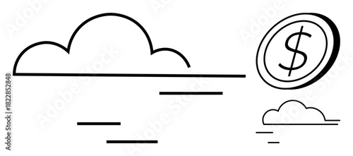 Minimalist line art of a cloud and a coin with a dollar sign representing cloud computing, financial technology, and virtual currency. Ideal for finance, technology, innovation, savings, data