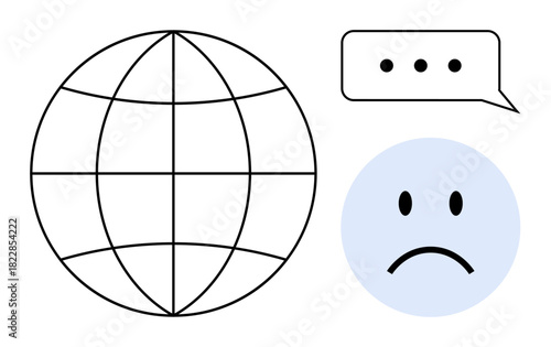 Global communication challenges. Sad face s struggles in connectivity and dialogue. Speech bubble highlights communication issues. Useful for technology, social media, globalization, education