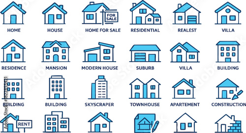 Real Estate Icon Set: A comprehensive collection of meticulously crafted house icons, perfect for representing diverse property types and real estate concepts. 