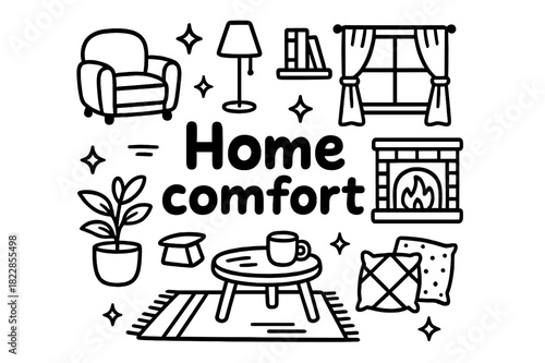 Cozy Home Doodle. Home comfort. Hand-drawn doodle illustration of home comfort. Armchair, lamp, bookshelf,