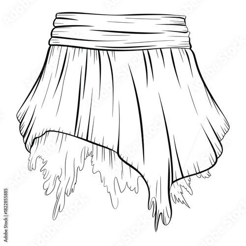 Asymmetrical skirt design, high waist fashion, pleated hemline, technical sketch, flowing silhouette, edgy style, garment illustration, costume concept, apparel drawing