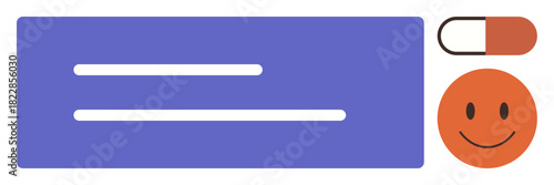 Orange capsule and smiling face beside purple rectangle bar with lines, suggesting health and positivity. Ideal for healthcare, well-being, medical advice, pharmacy, mood enhancement, positivity