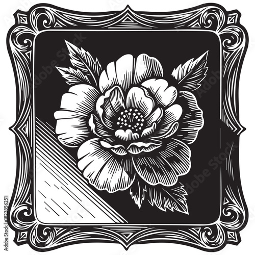 Vintage ornate frame with flower and hatched background