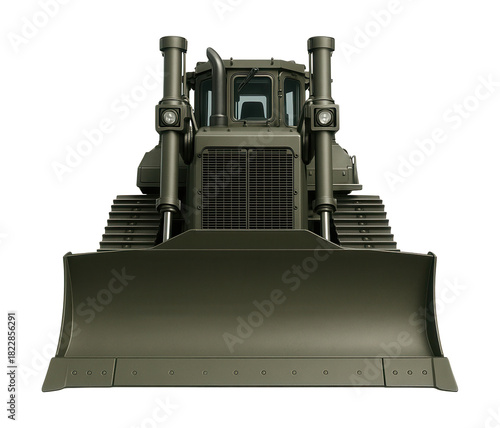 Tracked armored dozer with front blade and rear ripper attachment.