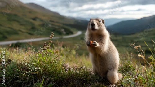 Cute prairie dog stands up eating carrot in mountain landscape