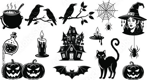 Set of black silhouette Halloween vector elements, including haunted house, witch, black cat, pumpkins, cauldron, and spider web, isolated collection for holiday horror design.