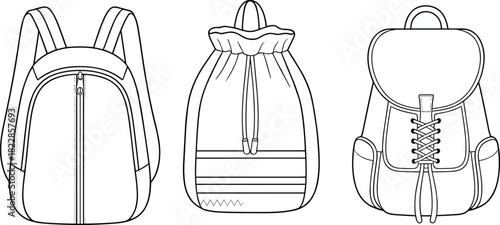Backpack technical sketch, three styles, front view, fashion flat drawing, bag design template, vector illustration, casual outdoor gear