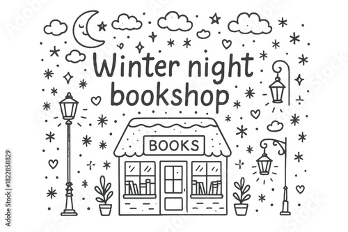 Winter Night Bookshop. Winter night bookshop. Hand-drawn doodle illustration of Winter night bookshop.
