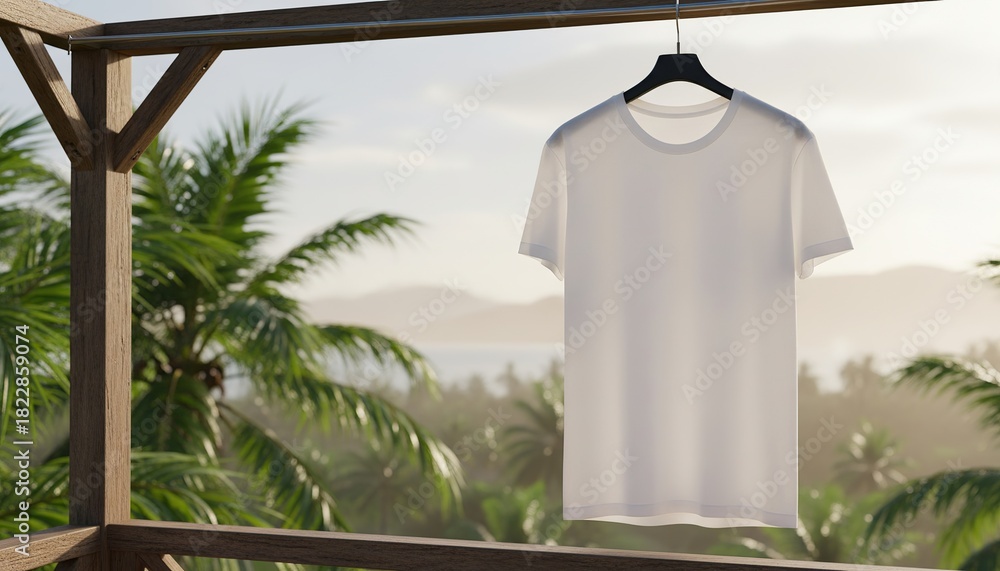 Obraz premium White t shirt hanging on a hanger outdoors with tropical scenery