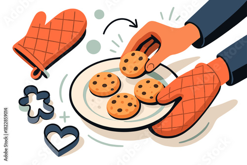 Baking Cookies Bliss. Baking moment. Hands placing freshly baked cookies on a plate, oven mitts and cookie