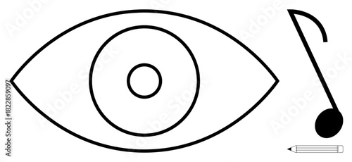 Abstract eye symbol, musical note, and pencil indicating observation, creativity, and self-expression. Ideal for art, inspiration, education design vision music creativity concepts. Simple flat