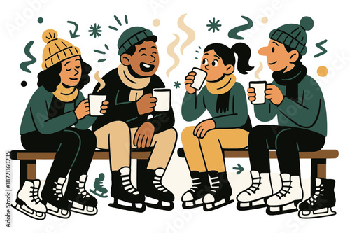 Warm Skater Break. Hot cocoa break. Skaters resting on benches, sipping warm drinks, surrounded by skates and