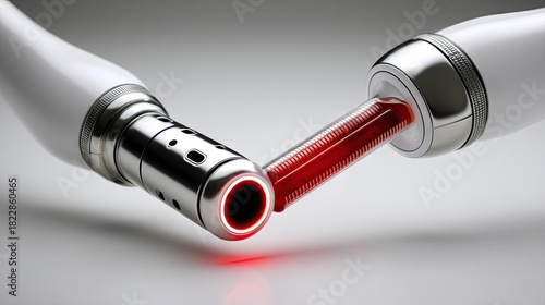 Close-up of a medical laser device with a red light beam emitting from its tip, set against a clean white background. The device has a sleek, modern design with