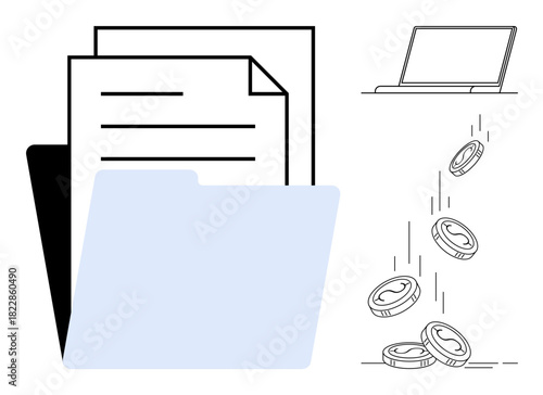 Folder with paper documents, laptop for digital operations, and coins symbolizing financial transactions. Ideal for finance, organization, digital workflow, business, payments, savings simple flat