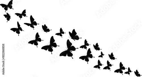 Set of flying black silhouette butterflies creating a diagonal swarm pattern, elegant natural spring design element or decorative border vector illustration isolated on white.