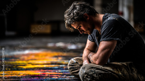 Man engages in solo art therapy session, deeply focused on his creative process while surrounded by vibrant colors on floor