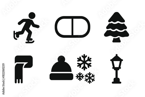 Winter Park Icons. Winter park fun. Filled icon set of winter park fun: person skating, ice rink, bench,