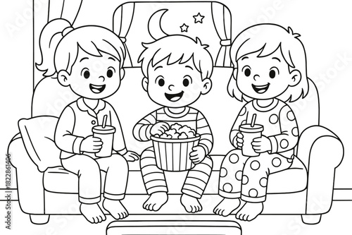 Movie Night Coloring. Evening movie fun children?s coloring book illustration, outlined drawing, kids in