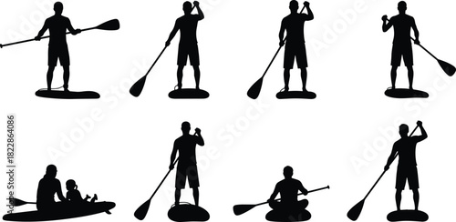 Stand Up Paddleboarding (SUP) and Kayaking Black Silhouettes Set, Showing Men Standing, Sitting, and Paddling, Plus a Family on a Board, Water Sports Vector Collection