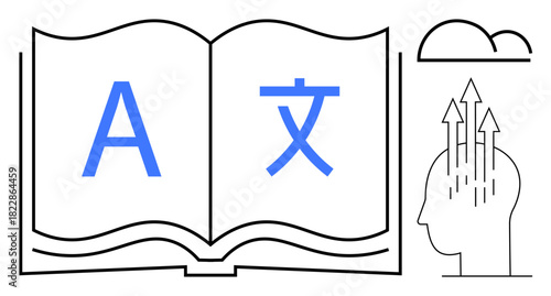 Language learning. Open book with multilingual symbols promotes language learning and communication. Language learning for education, global engagement, AI translation, cultural bridging, cognitive
