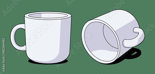Two white ceramic mugs, one upright and one tilted on its side, against a green background.