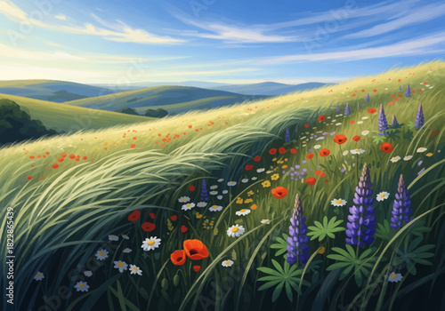 Spring Wildflower Meadow Vector Landscape – Breezy Hilltop with Long Grass, Colorful Field Flowers, Rolling Green Hills and Bright Blue Sky Nature Scenery