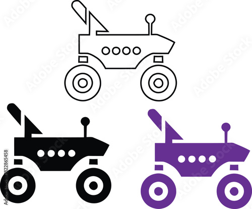 Three stylized rover icons in outline black and purple , rover, space, vehicle, exploration, science, technology