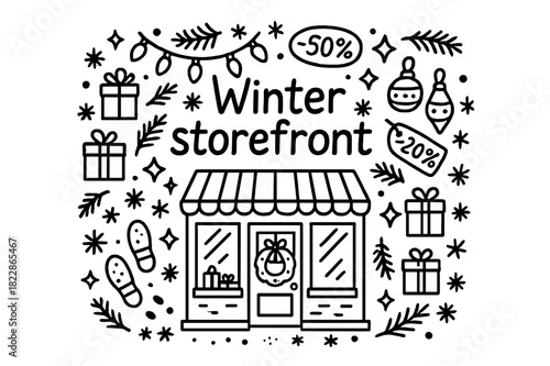 Winter Storefront Doodle. Winter storefront. Hand-drawn doodle illustration of winter storefront. Shopfront,