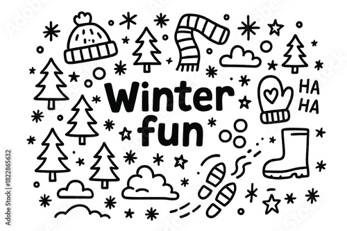 Winter Fun Doodle. Winter fun. Hand-drawn doodle illustration of winter fun. Snowflakes, snowballs, mittens,
