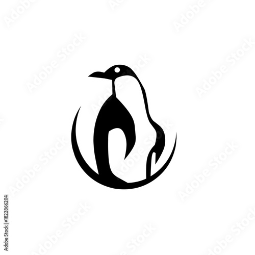 Elegant, abstract black and white penguin logo inside a circular shape. Represents completeness, global reach, and nature, ideal for sophisticated or eco-friendly brands.