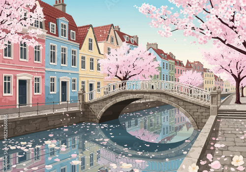 Spring Canal Bridge Sakura Vector Illustration – European Riverside Street with Colorful Buildings, Cherry Blossoms, Reflection Water and Romantic Travel Destination