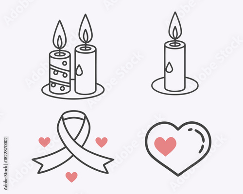 Candles Ribbon and Hearts Illustrations for Hope and Remembrance Concepts