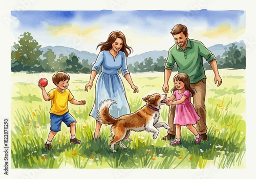 A family of four plays with their dog in a lush grassy field surrounded by trees and distant mountains