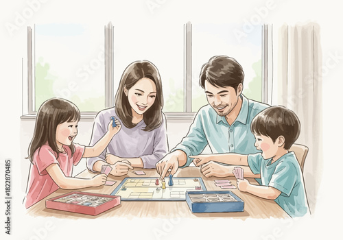 A family of four is sitting at a table playing a board game together smiling