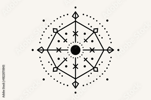 Geometric Symmetry Pattern. simple hexes, straight arms, dot centers, tiny crosses, short dashes, small