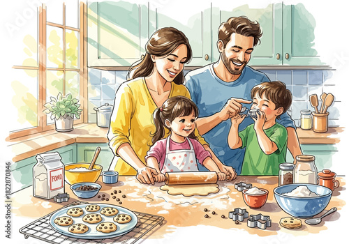 Family bakes cookies in a bright kitchen dad teases son with cookie cutter