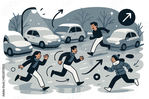 Frozen Street Harmony. Frozen street. Rows of snow-covered cars under dim streetlights, soft reflections on