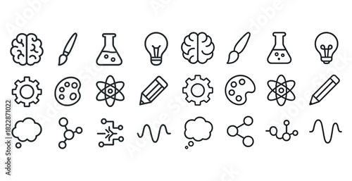 Science and art icons set: brain, beaker, lightbulb, atom, brush, pencil, gear, palette