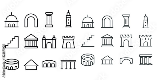 Outline icons of architectural structures including buildings and columns