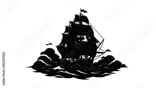 Vector illustration of black and white silhouette of a large historical sailing ship or galleon navigating rough sea waves isolated on transparent background