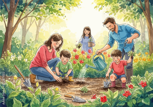 Family gardens parents  3 children plant flowers in a sunlit green outdoor garden