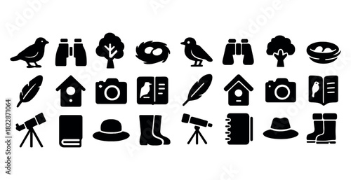Birdwatching icons: tools, wildlife, and nature elements in black silhouette