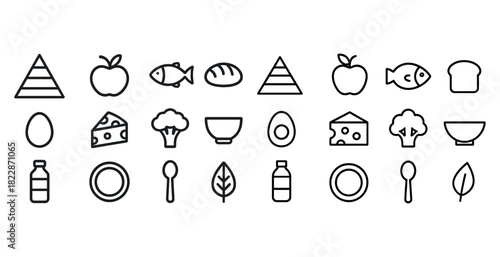 Set of food icons including fruits, vegetables, fish, cheese, and more