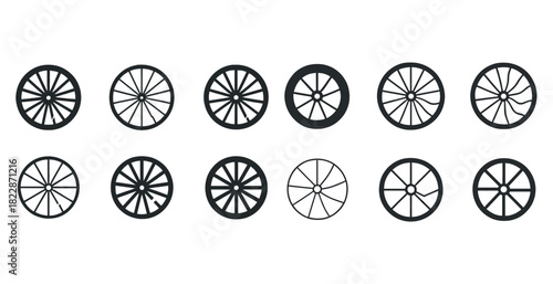 Set of twelve diverse wheel and spoke designs in black and white