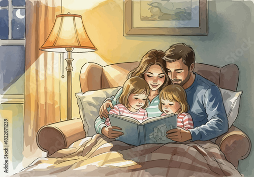 Family in bed parents reading to two young girls with a lamp illuminating them art in the background