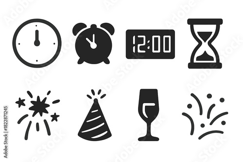 Midnight Celebration Icons. Countdown clock to midnight. Filled icon set of countdown clock to midnight: clock