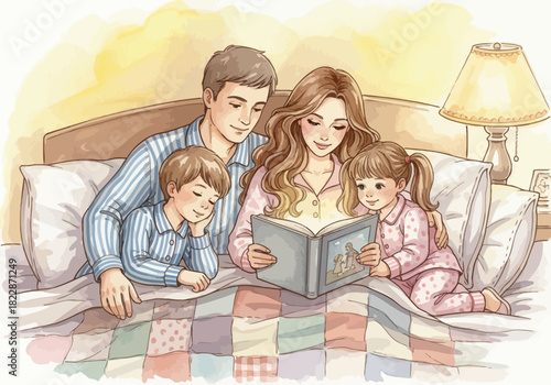 Family in pajamas in bed reading a picture book emitting light with a bedside lamp and quilt
