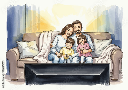 Family of four on sofa watching TV Watercolor style