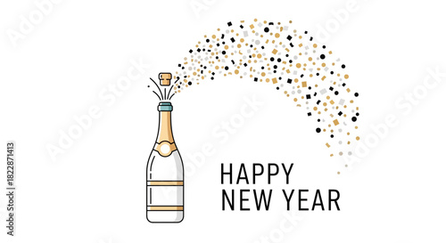 A line art illustration of a champagne bottle popping with confetti and "Happy New Year" text.