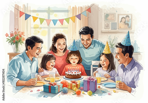 Family of six celebrating childs birthday with cake presents at a table